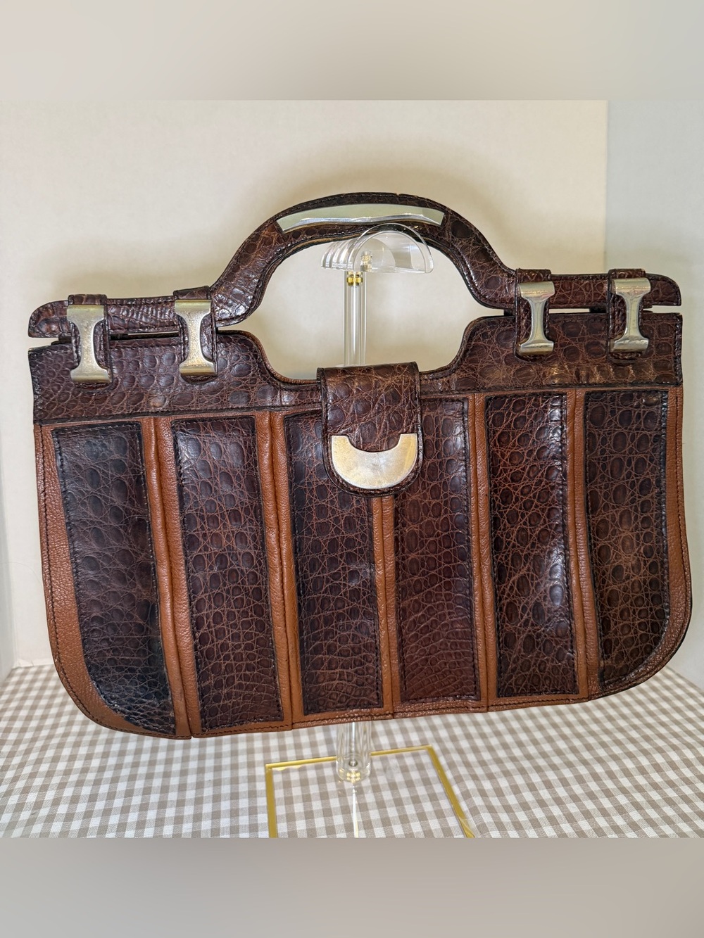Mid Century Brown Croc Embossed Leather Handbag, Art Deco Style Handles